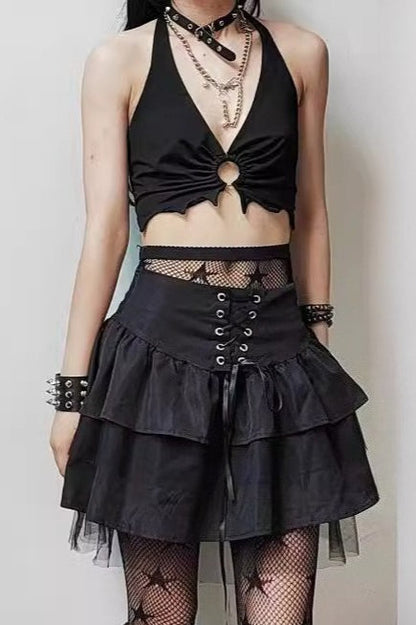 Gothic Lolita Y2K Mesh Patchwork Tie-Waist Tiered Mini Skirt