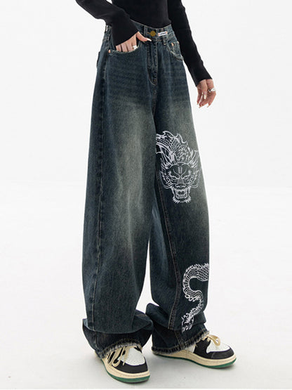 Vintage Dragon Print Boyfriend Jeans