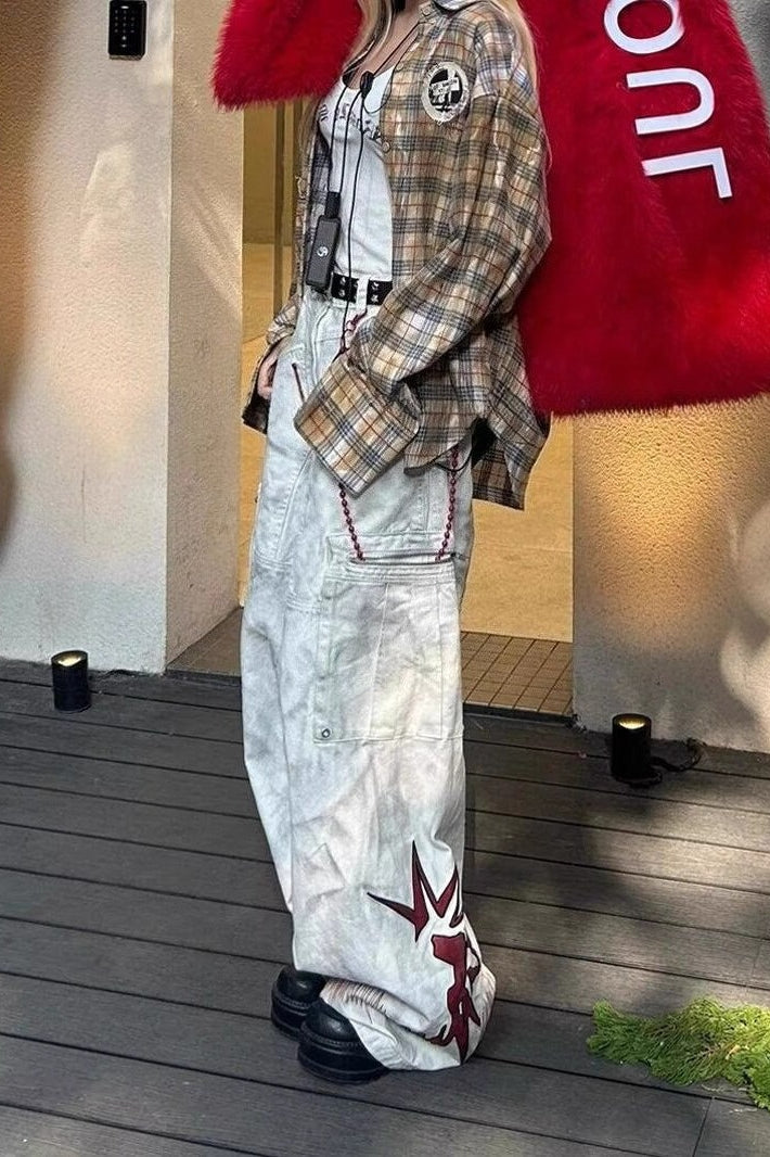 Cyber Washed Embroidered Patch Curved Denim Pants