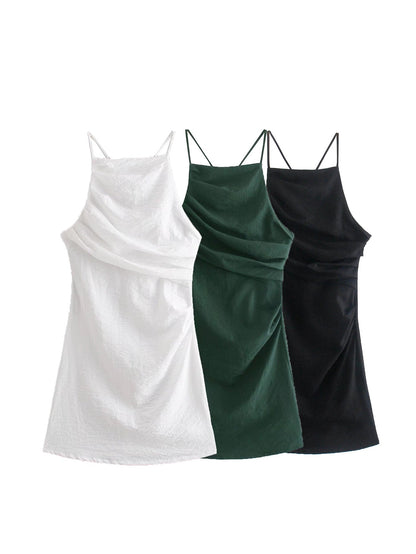 Autumn Women Clothing Cotton Linen Sleeveless Pleated Dress
