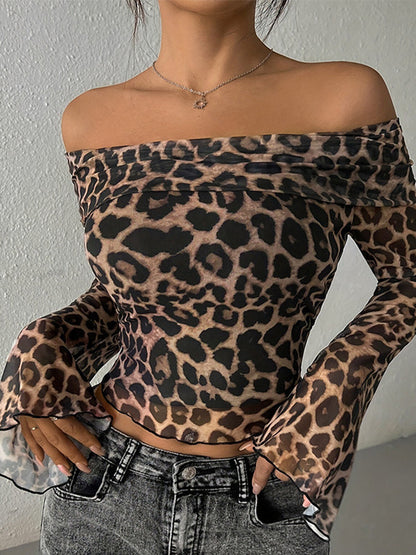 One Shoulder Leopard Print Long Sleeve Tee