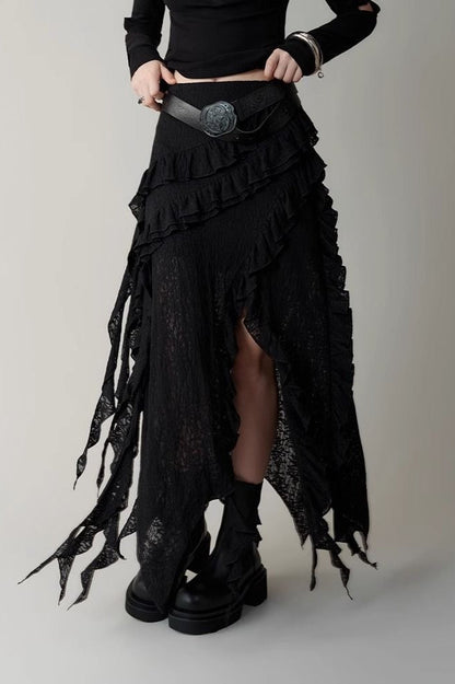 Asymmetric Wool Blend Black White Maxi Skirt