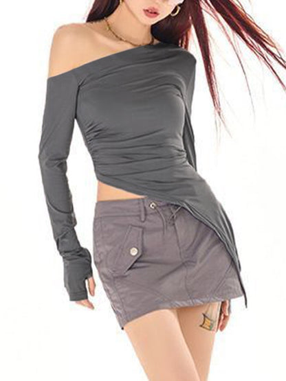 Slanted Shoulder Ruched Irregular Hem Long Sleeve Tee