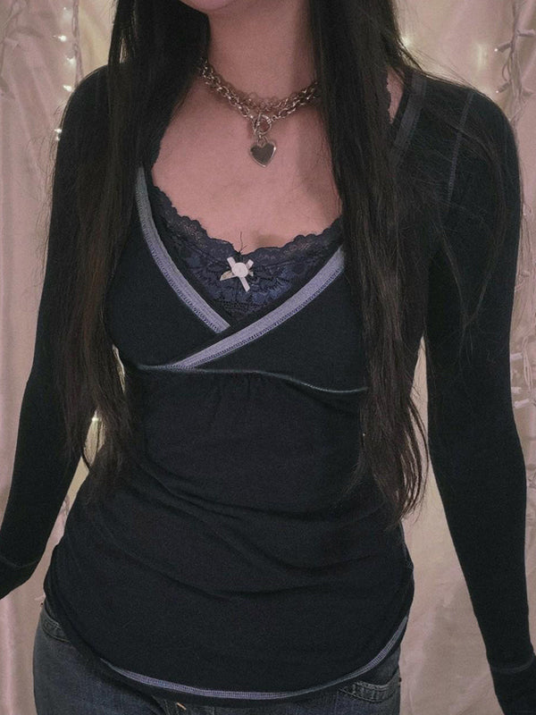 Lace Patchwork Bow Long Sleeve Tee