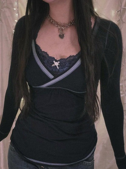 Lace Patchwork Bow Long Sleeve Tee