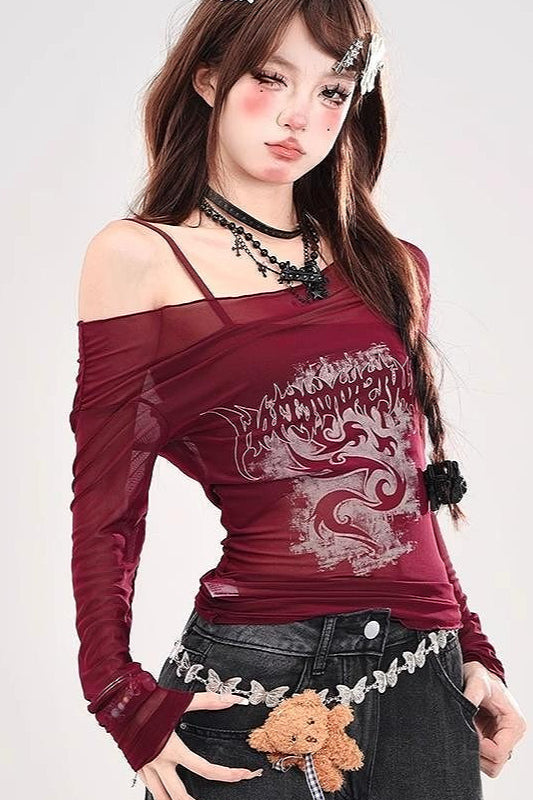 Sheer Mesh Print Off Shoulder Slim Crop Long Sleeve T-shirt