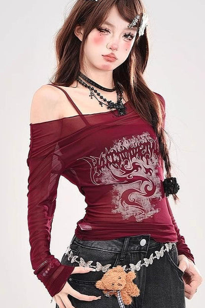 Sheer Mesh Print Off Shoulder Slim Crop Long Sleeve T-shirt