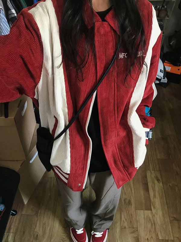 Corduroy Color Block Splice Embroidery Jacket