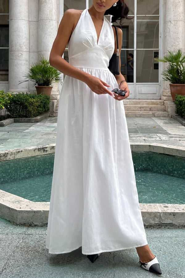 Solid Color Halter Neck Tie Elegant Backless Waist-cinching Maxi Dress