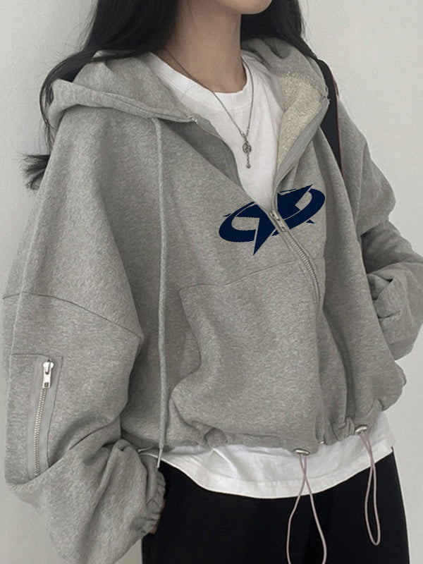 Star Print Zipper Drawstring Hem Oversized Hoodie