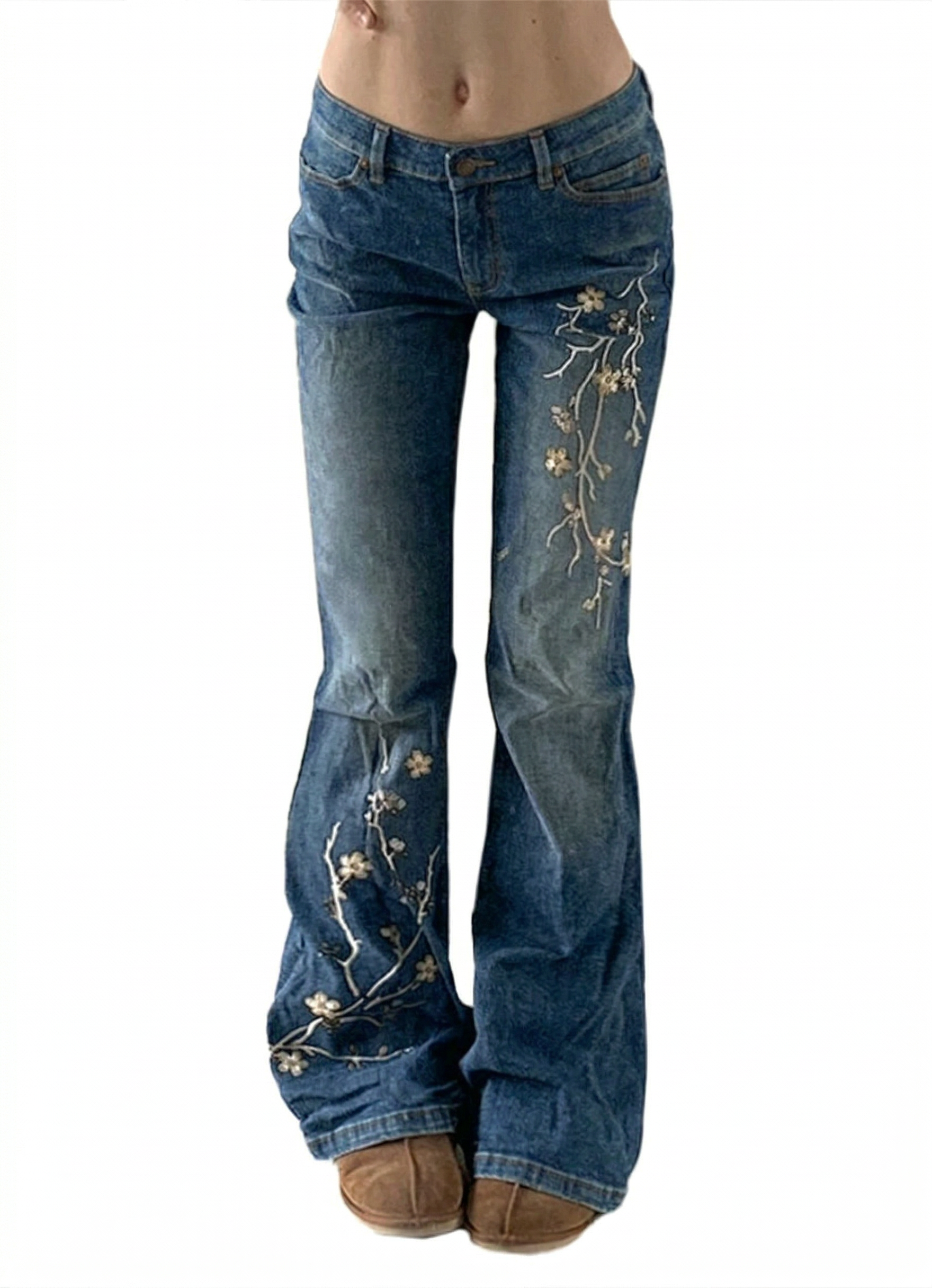 Floral Embroidery Slim Fit Flare Jeans
