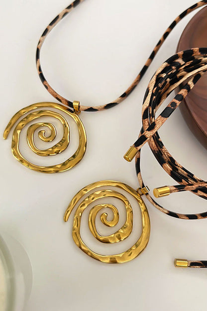 Stylish Leopard Print Leather Cord Spiral Stainless Steel Necklace