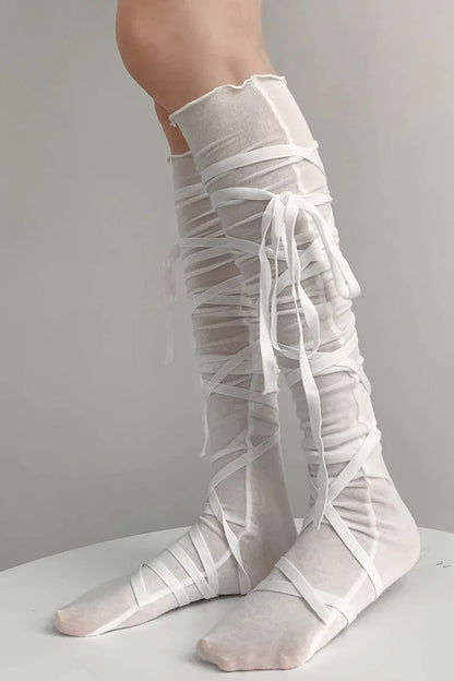 Punk Gothic Tie Strappy Cotton Calf Socks