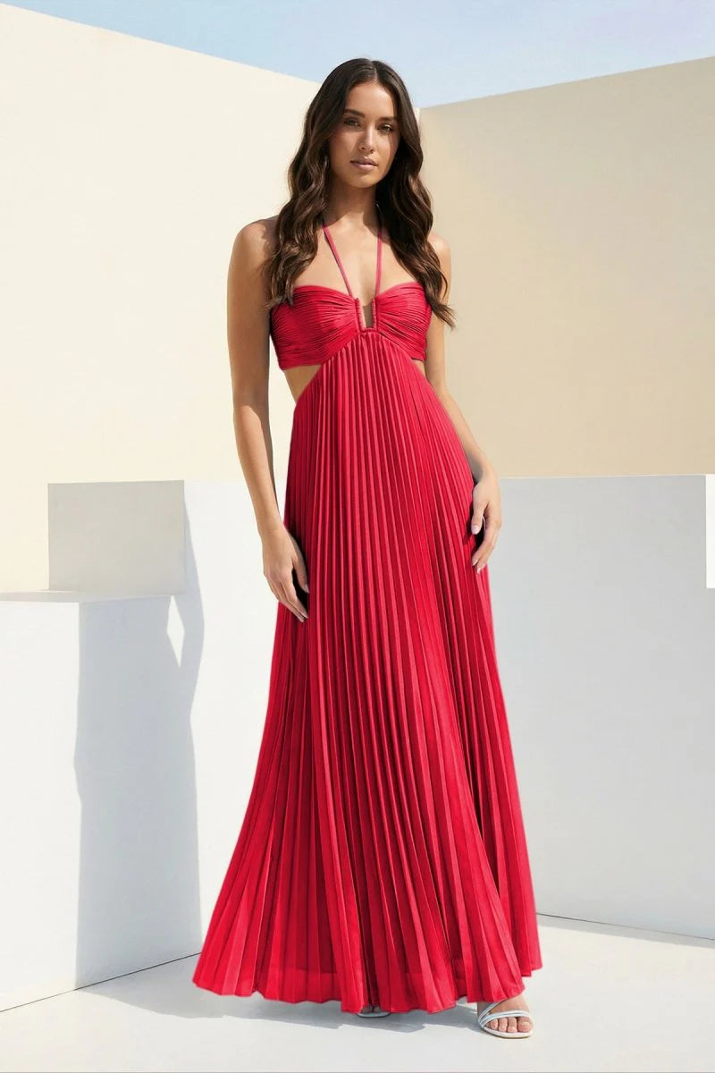 Sky Blue Halter Pleated Satin A Line Prom Dresses With Cutout