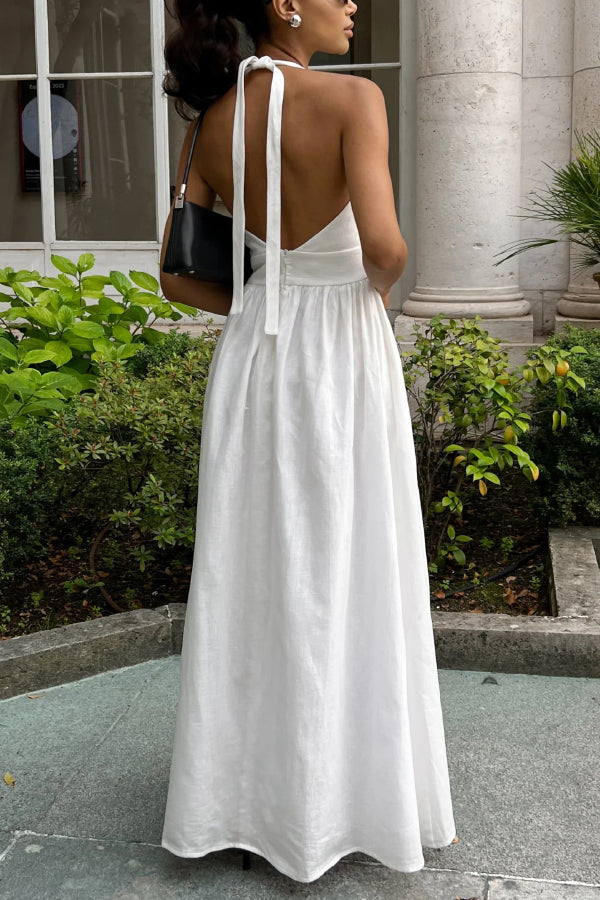 Solid Color Halter Neck Tie Elegant Backless Waist-cinching Maxi Dress