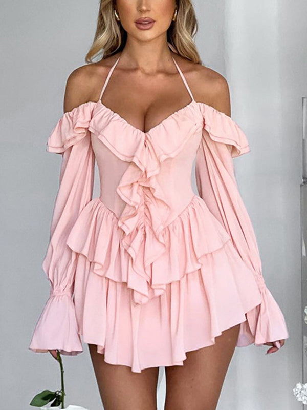 Solid Halter Ruffled Trim Mini Dress