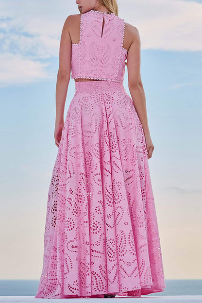 Paris Dreaming Embroidered Lace High Rise Elastic Waist Pocketed Maxi Skirt 
