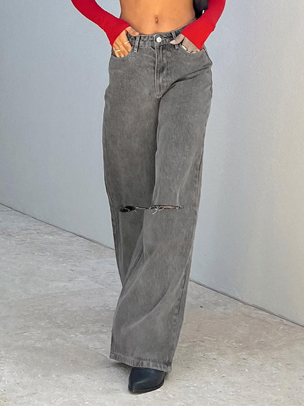 Gray Wash Ripped High Rise Boyfriend Jeans