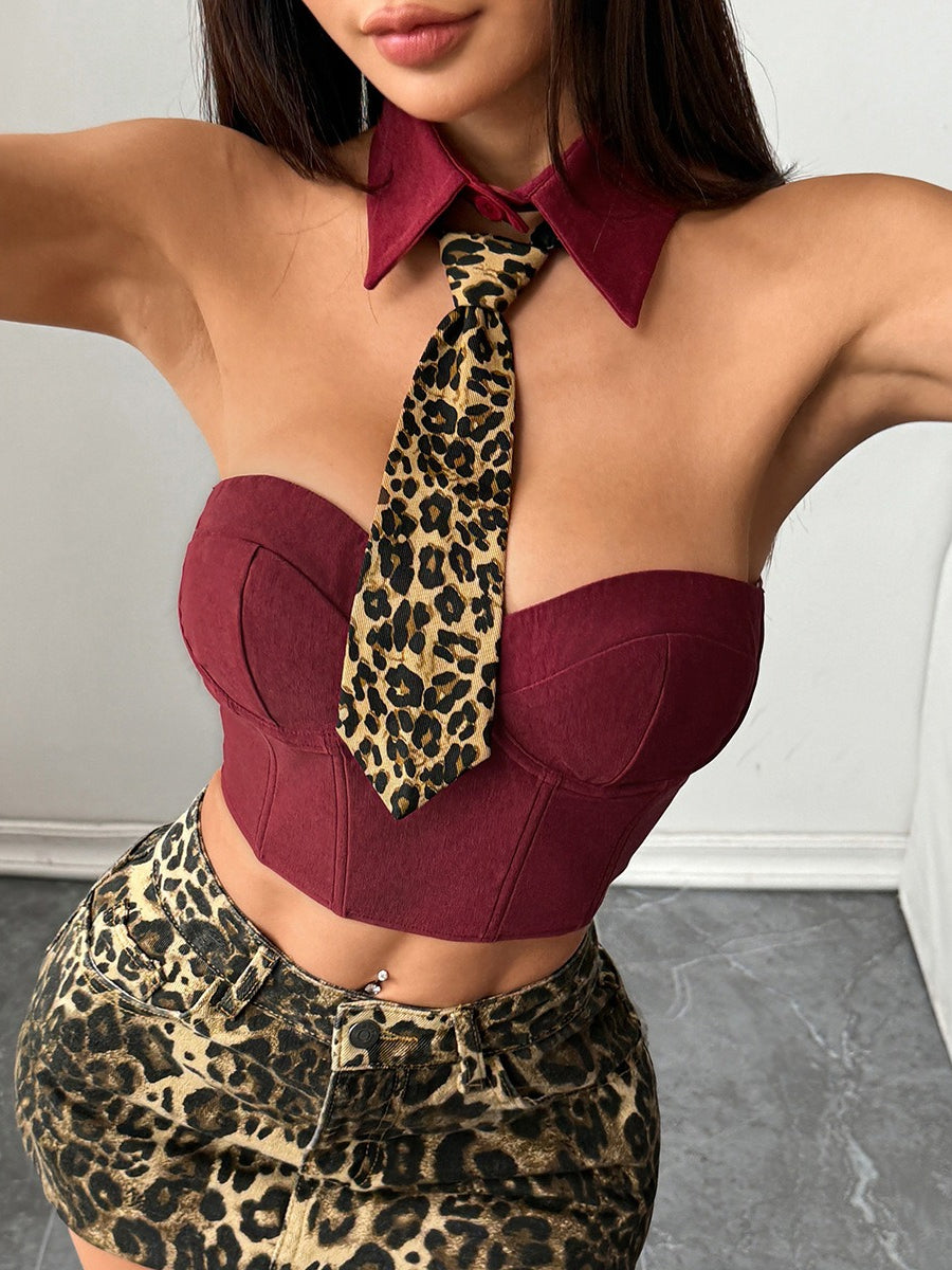 Wild Leopard Print Halter Boned Crop Corset