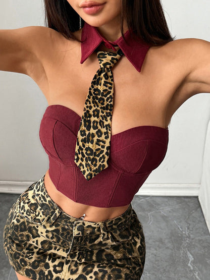 Wild Leopard Print Halter Boned Crop Corset