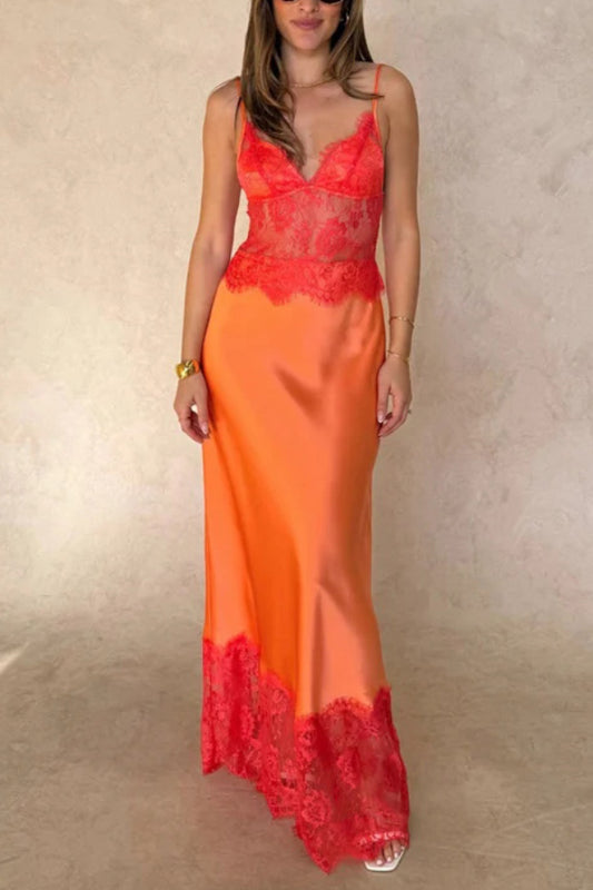 Fashionable Satin Lace Patchwork Sheer V-neck Elegant Slim-fit Maxi Dress