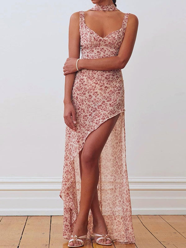 Disty Floral Backless Slit Lace Up Maxi Dress