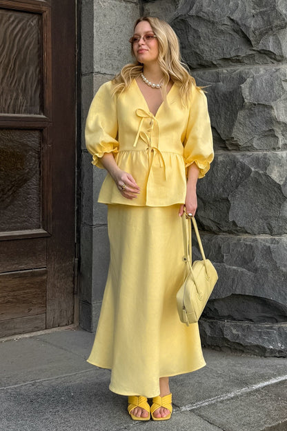 Resort Casual Cotton Linen Puff Sleeve Two Piece Skirt Set