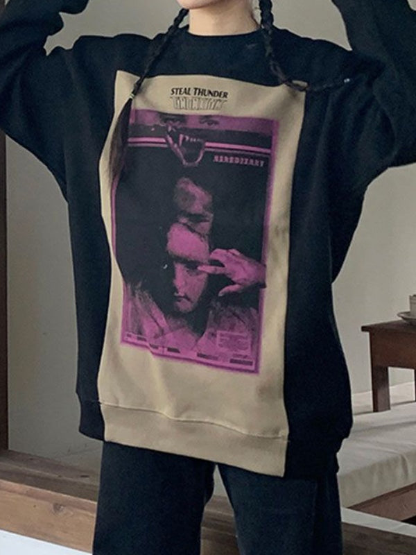 Vintage Portrait Print Splice Crew Neck Sweatshirt
