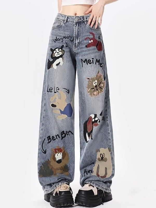 Animal Graffiti Print High Rise Boyrfriend Jeans