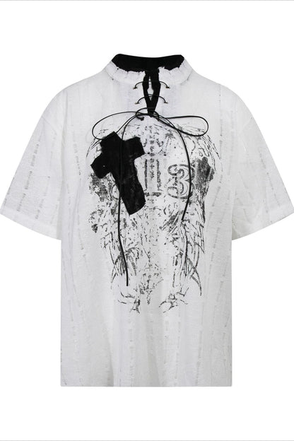 Y2K Ripped Half-Zip Loose Fit T-Shirt