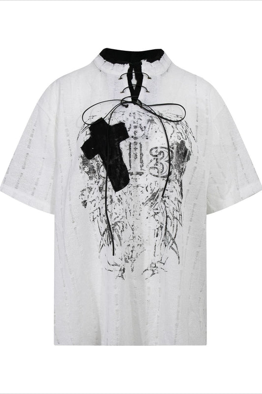 Y2K Ripped Half-Zip Loose Fit T-Shirt