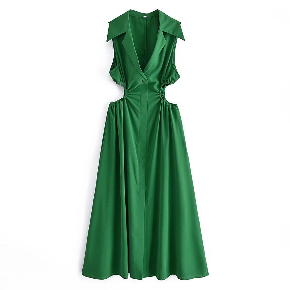 Spring Casual Women Collared Sleeveless Waist Digging Dress