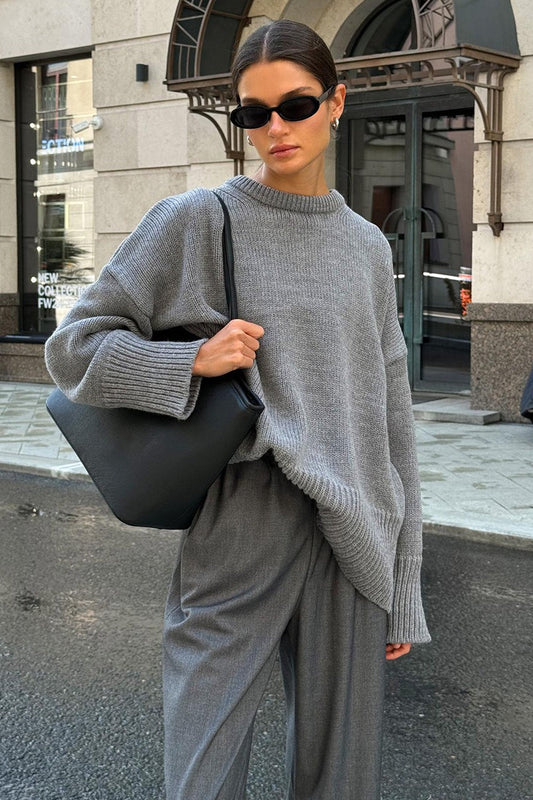 Classic Solid Crew Neck Relaxed Knit Sweater