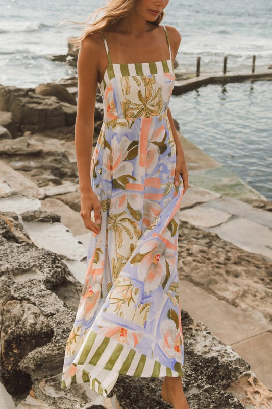 Unique Print Square Neck Spaghetti Strap Waist Casual Maxi Dress
