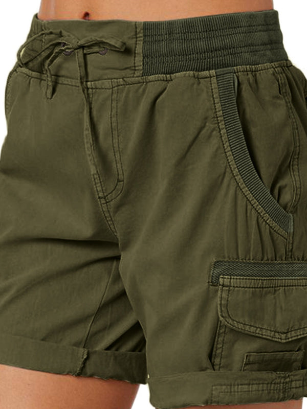 Solid Elastic Waist Multi Pocket Drawstring Shorts
