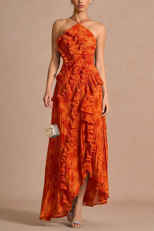 Dream Ode Lily Pad Style Pleats and Ruffles Halter Gown Maxi Dress