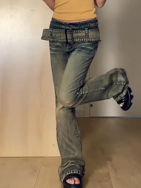 Washed Distressed Belted Flare Jeans