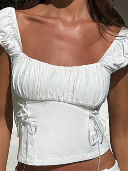 Ruched Drawstring Backless Short Sleeve Tee
