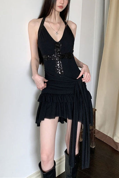 Black Sequin Cross Halter V-neck Mini Dress