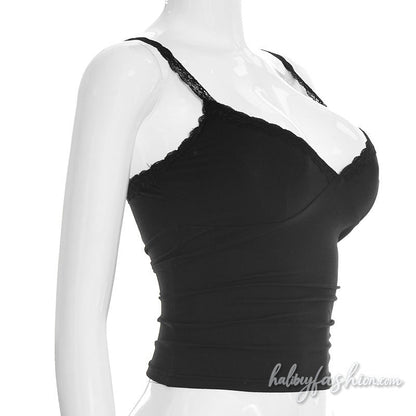Lace hem v neck backless solid cami top