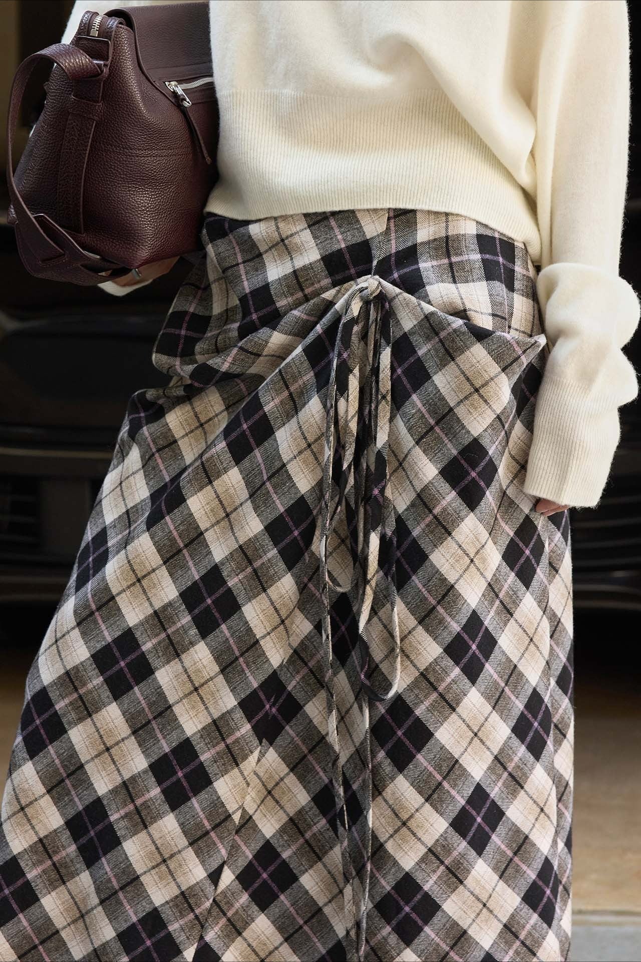 Asymmetric Color Block Plaid Midi Skirt