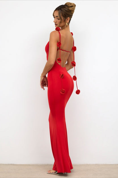 Backless Spaghetti Strap 3D Floral Long Party Dress