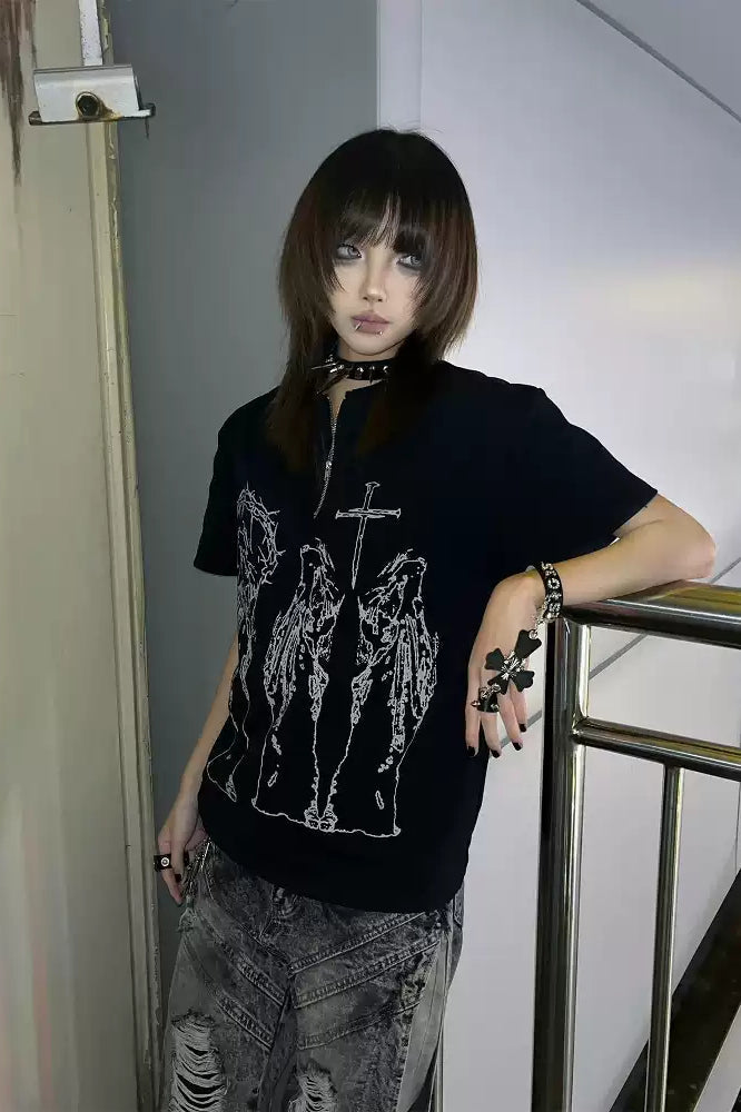 Black Silk Half-Zip Vintage Alt-Girl T-shirt