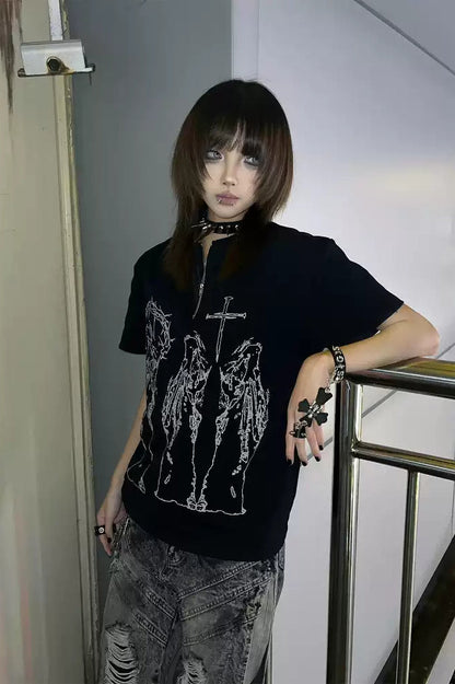 Black Silk Half-Zip Vintage Alt-Girl T-shirt