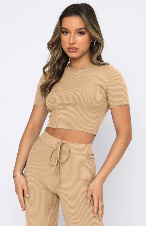 Casual Set Women Solid Color High-Elastic Body Shaping Short Sleeve Sunken Stripe Wide Leg Pants Two-Piece Set