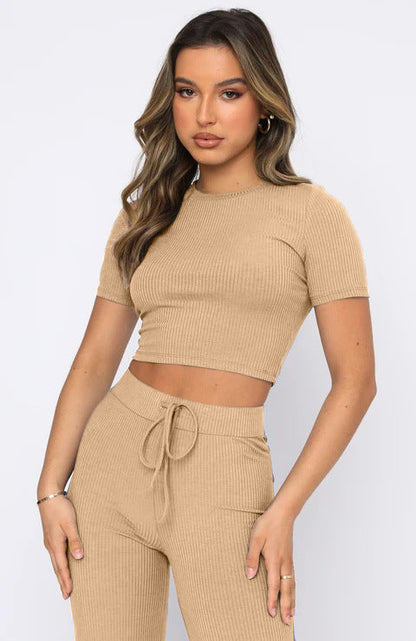 Casual Set Women Solid Color High-Elastic Body Shaping Short Sleeve Sunken Stripe Wide Leg Pants Two-Piece Set