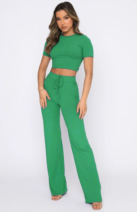 Casual Set Women Solid Color High-Elastic Body Shaping Short Sleeve Sunken Stripe Wide Leg Pants Two-Piece Set