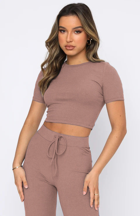 Casual Set Women Solid Color High-Elastic Body Shaping Short Sleeve Sunken Stripe Wide Leg Pants Two-Piece Set
