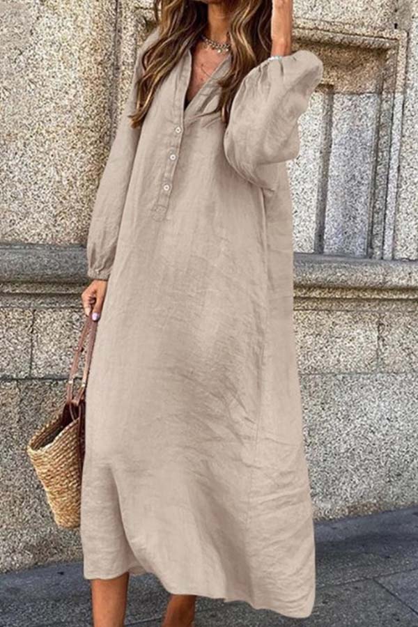 Vestido extragrande de manga larga con cuello en V y botones para mujer | Ideal para primavera/verano