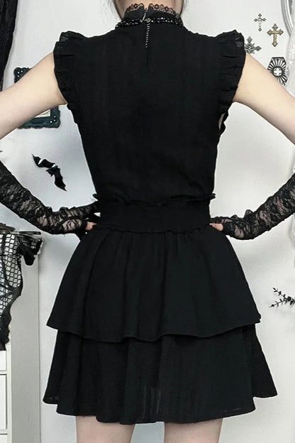 Dark Alt Gothic Sleeveless Lace Patchwork Slim Waisted Mini Dress